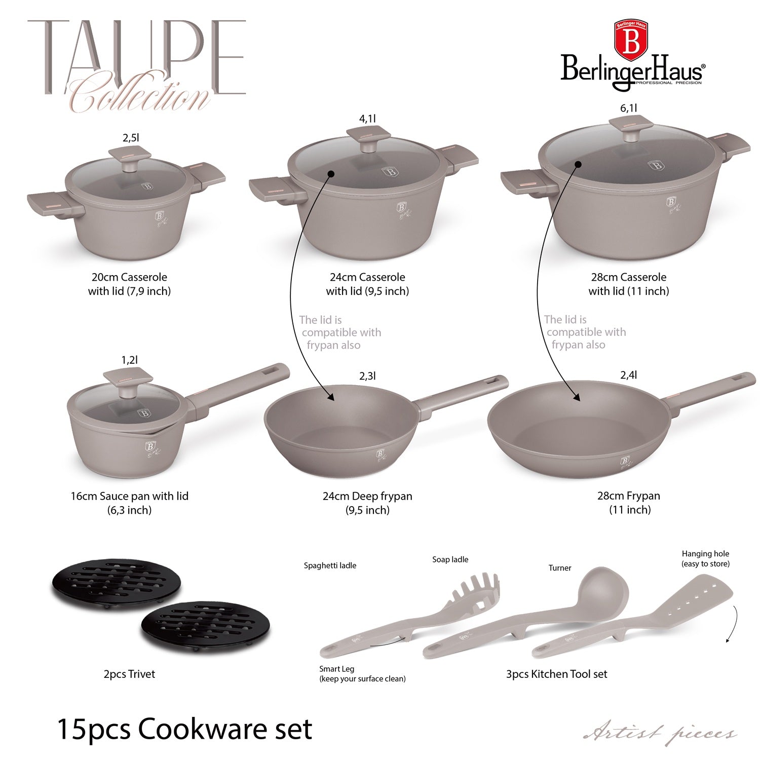 Berlinger Haus 15-Piece Titan Pro Non-Stick Coating Cookware Set - Taupe