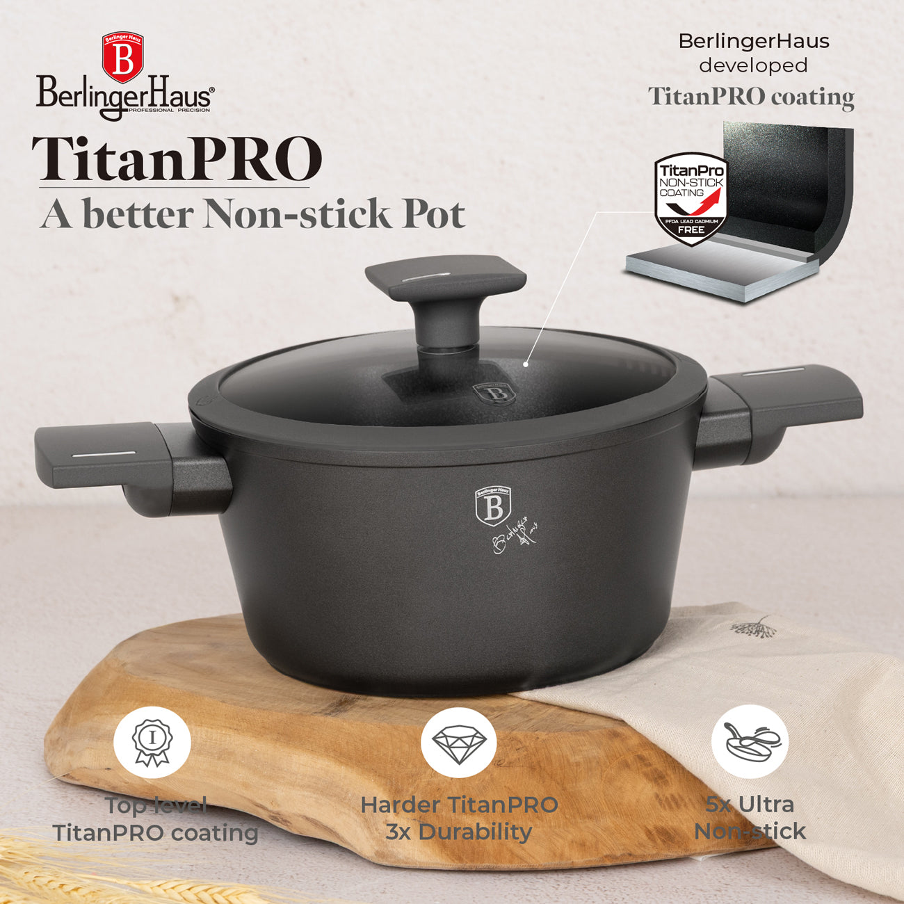Berlinger Haus 24cm Titan Pro Non Stick Coating Casserole - Anthracite