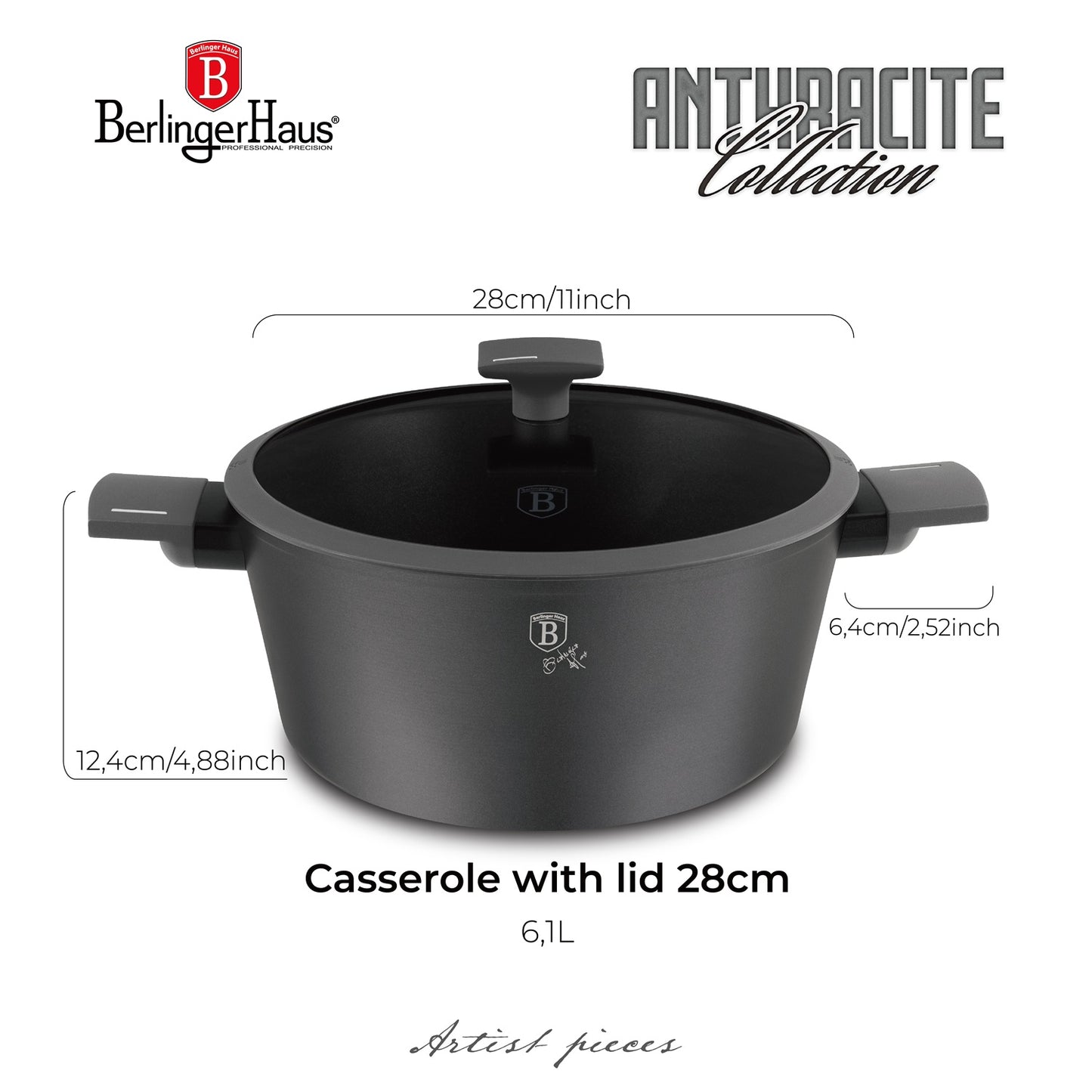 Berlinger Haus 28 Non Stick Titan Pro Coating Casserole with Lid - Anthracite