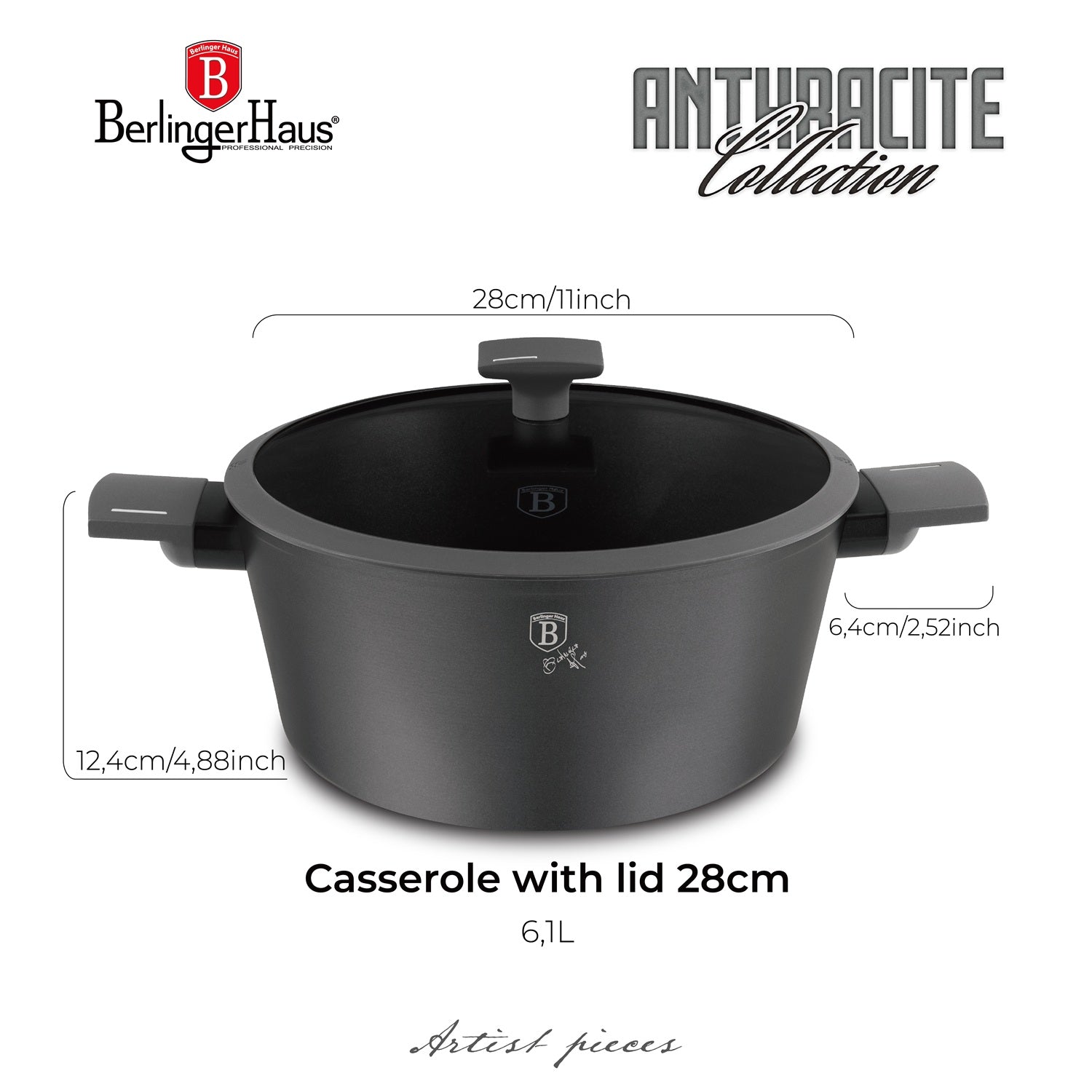 Berlinger Haus 28 Non Stick Titan Pro Coating Casserole with Lid - Anthracite