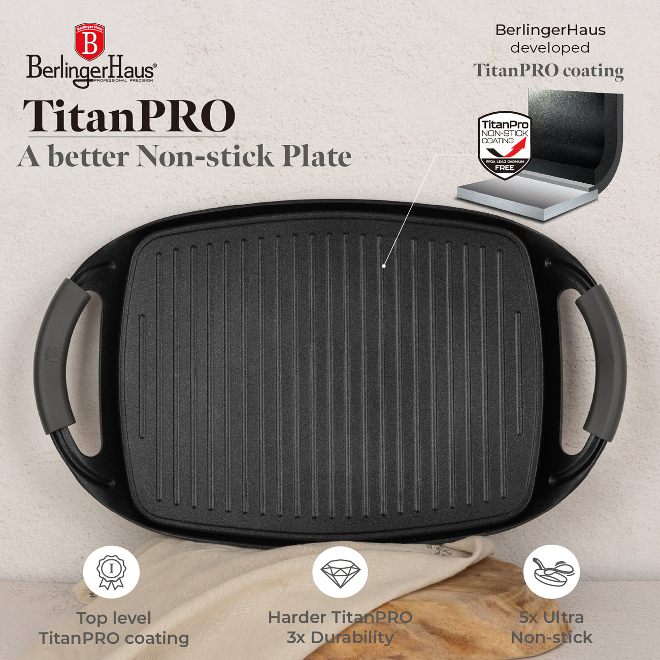 Berlinger Haus 47cm Titan Pro Non-Stick Coating Grill Plate – Anthracite