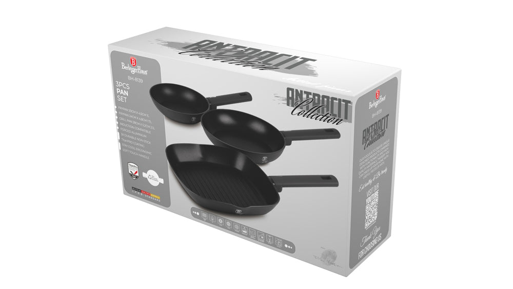 Berlinger Haus 3-Piece Non-Stick Titan Pro Coating Grill Pan Set - Anthracite