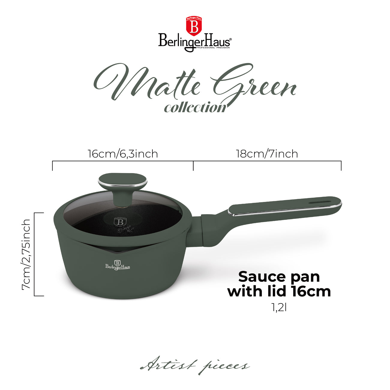 Berlinger Haus 16cm Non Stick Titan Pro Coating Sauce Pan with Lid - Matt Green