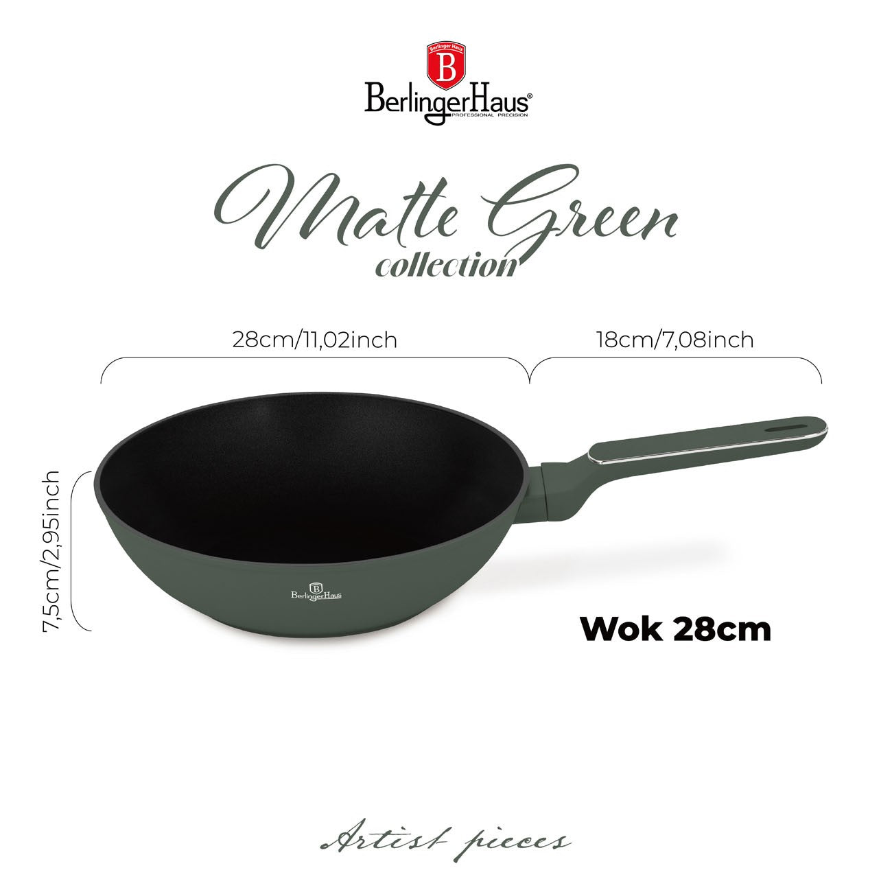 Berlinger Haus 28cm Titan Pro Non-Stick Wok with Lid - Matte Green