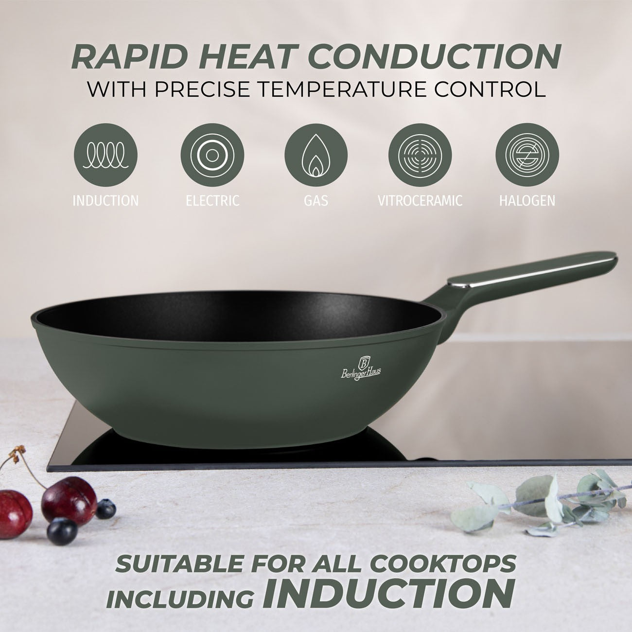 Berlinger Haus 28cm Titan Pro Non-Stick Wok with Lid - Matte Green