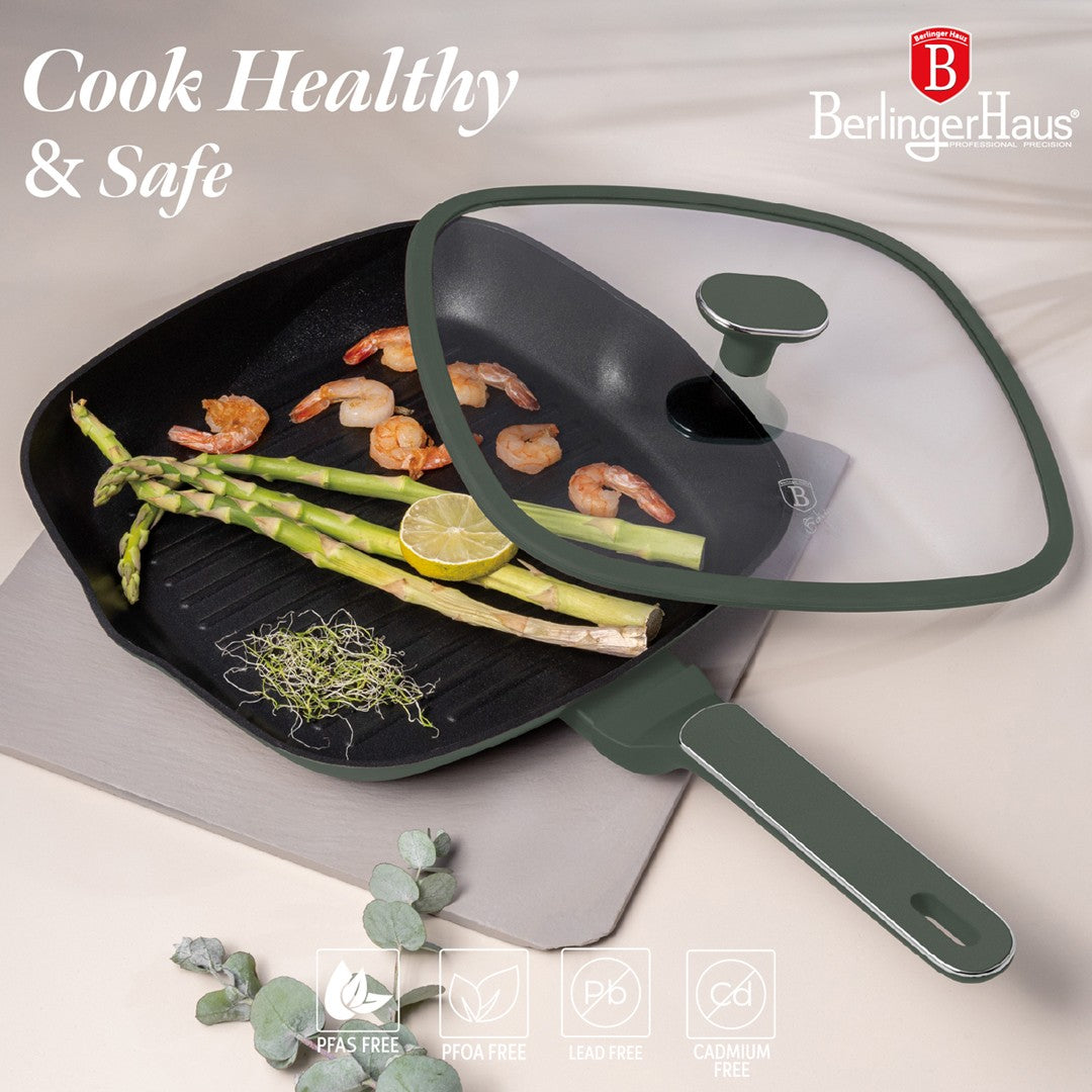 Berlinger Haus 28cm Titan Pro Non-Stick Grill Pan with Lid - Matte Green