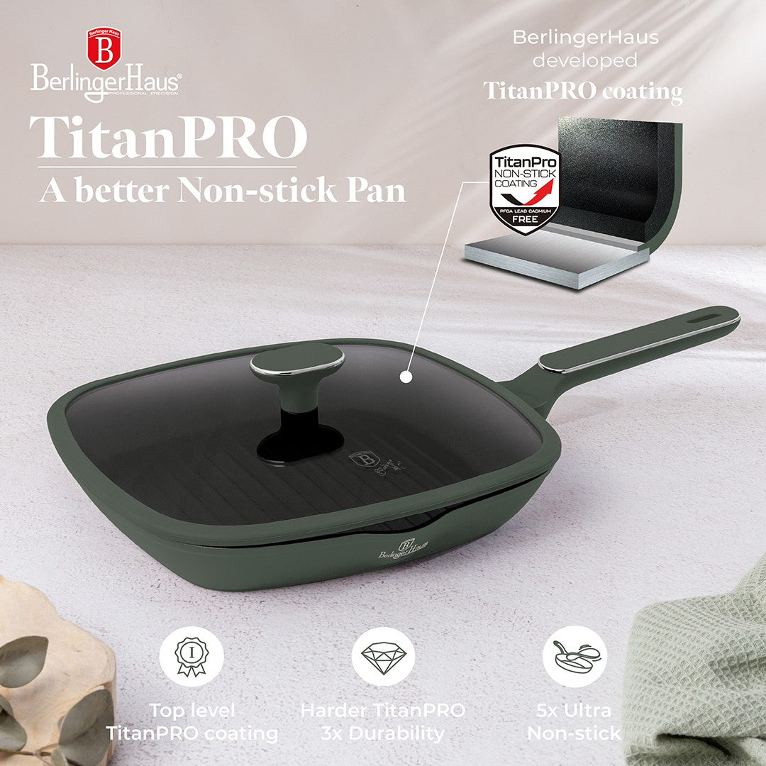 Berlinger Haus 28cm Titan Pro Non-Stick Grill Pan with Lid - Matte Green