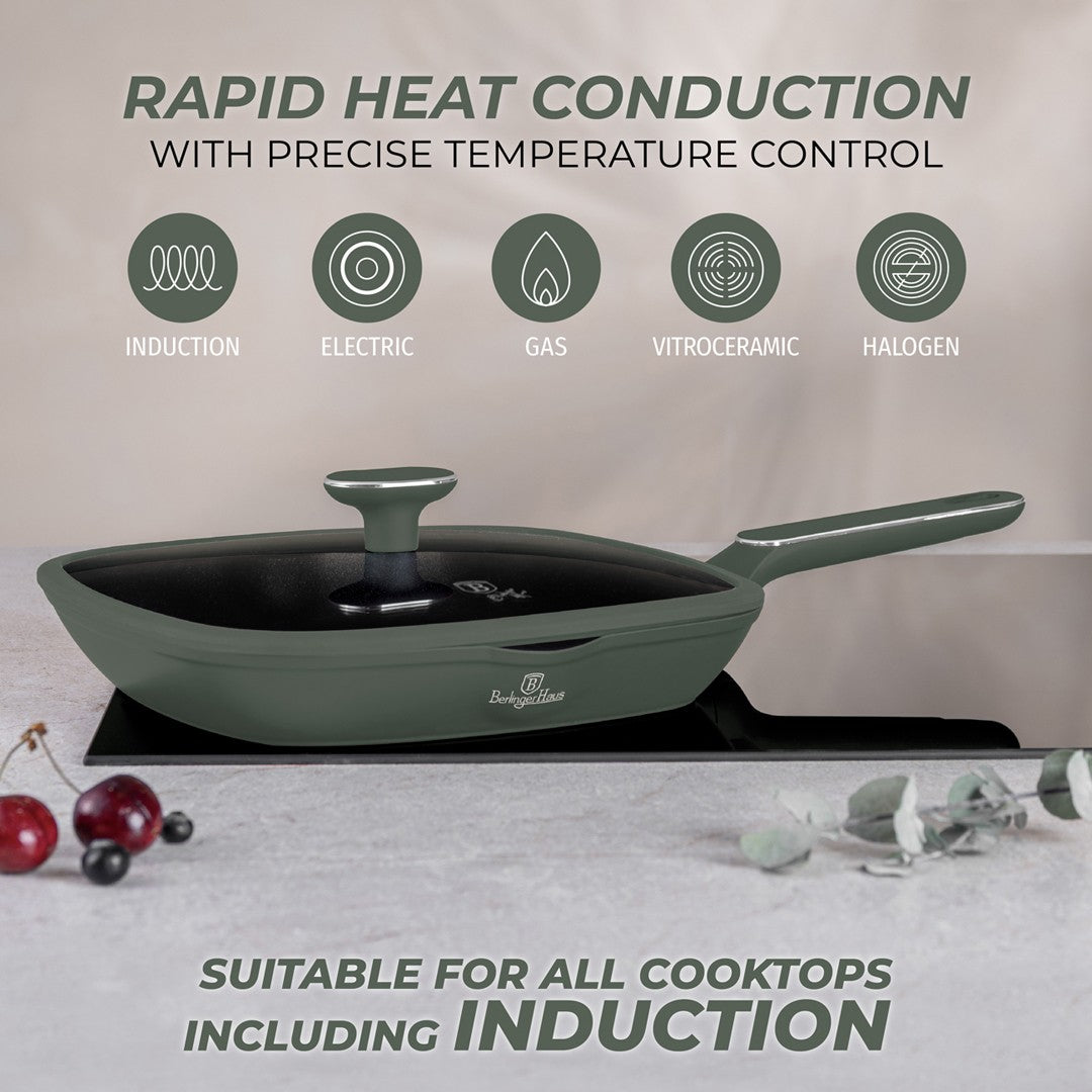Berlinger Haus 28cm Titan Pro Non-Stick Grill Pan with Lid - Matte Green