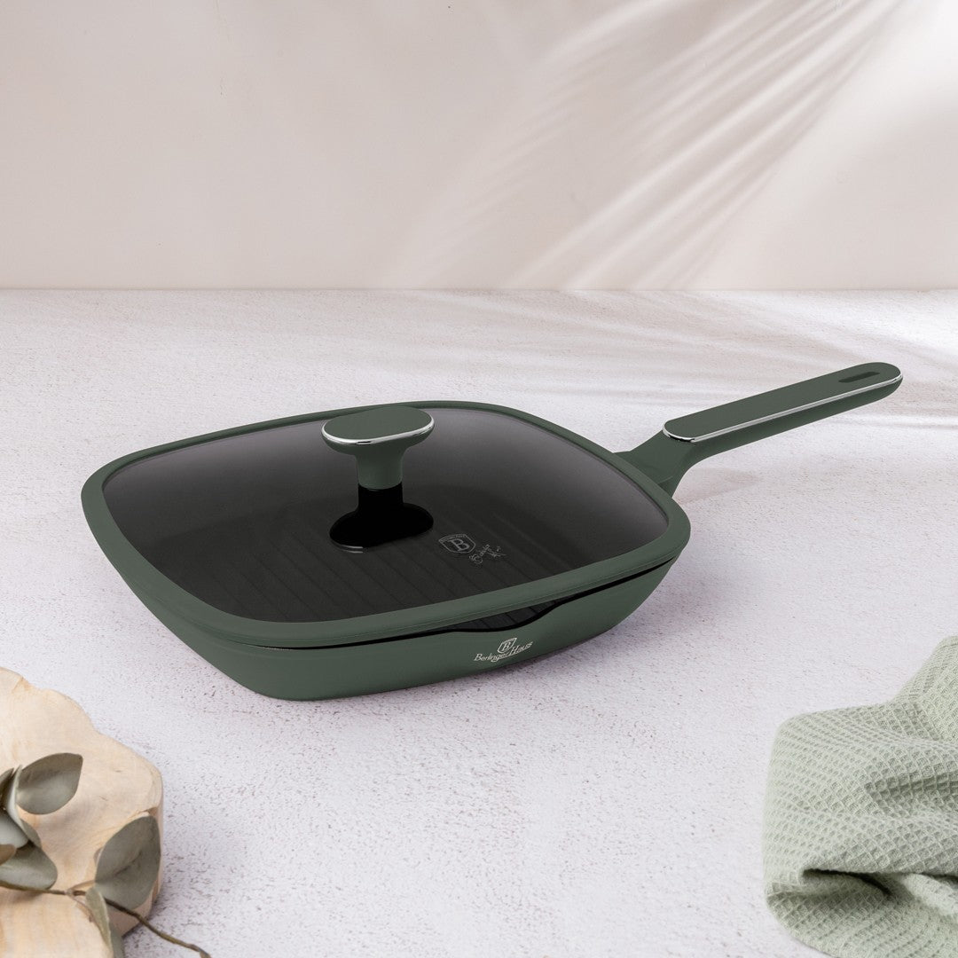 Berlinger Haus 28cm Titan Pro Non-Stick Grill Pan with Lid - Matte Green