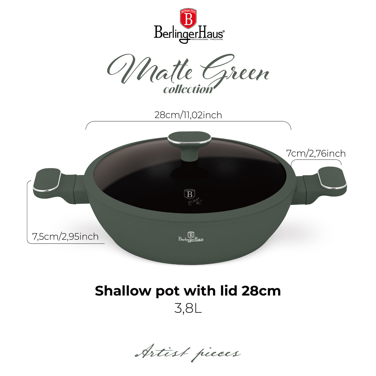 Berlinger Haus 28cm Titan Pro Non-Stick Coating Shallow Pot - Matt Green