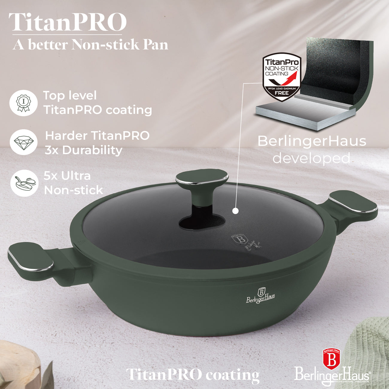 Berlinger Haus 28cm Titan Pro Non-Stick Coating Shallow Pot - Matt Green