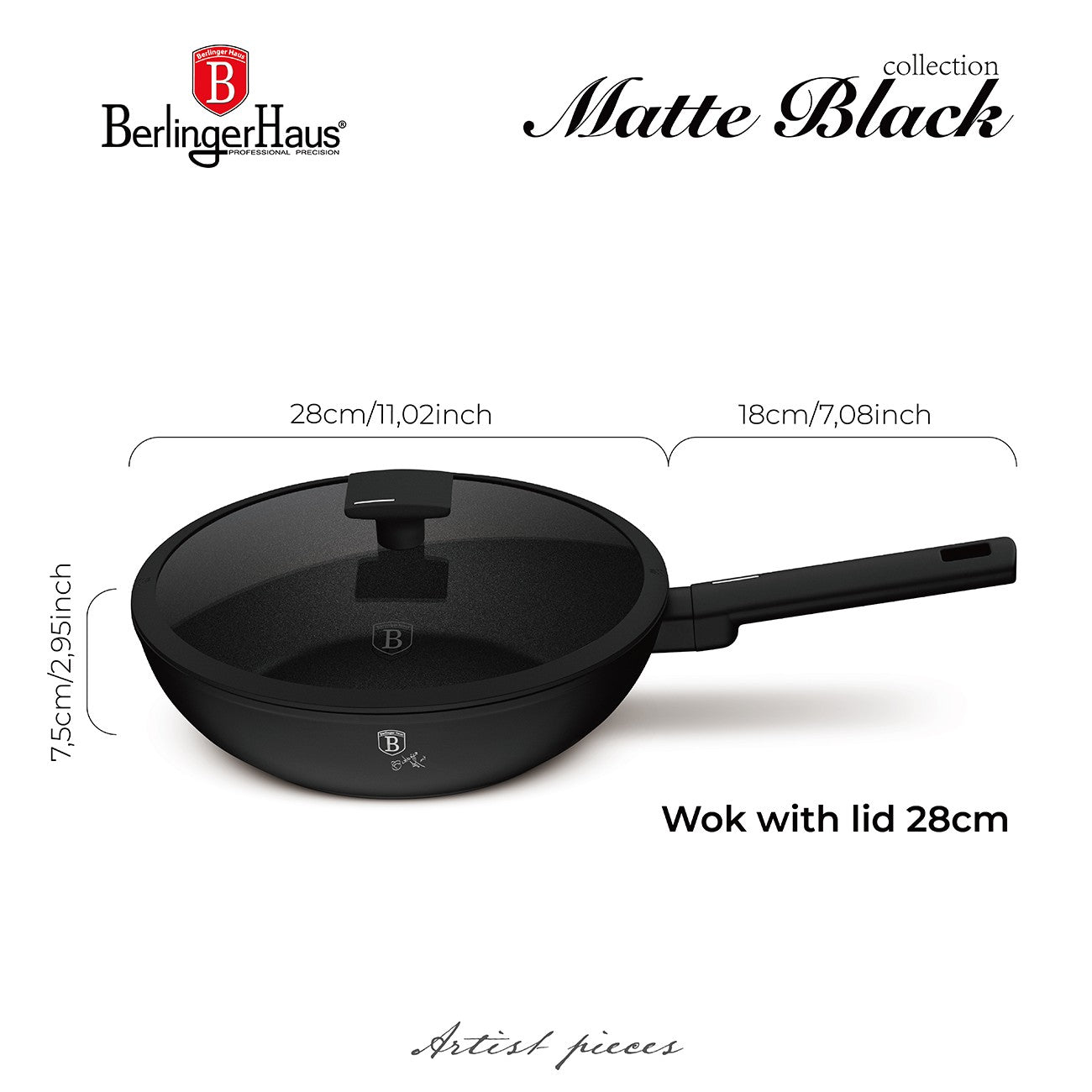 Berlinger Haus 28cm Titan Pro Non-Stick Wok with Lid - Matte Black