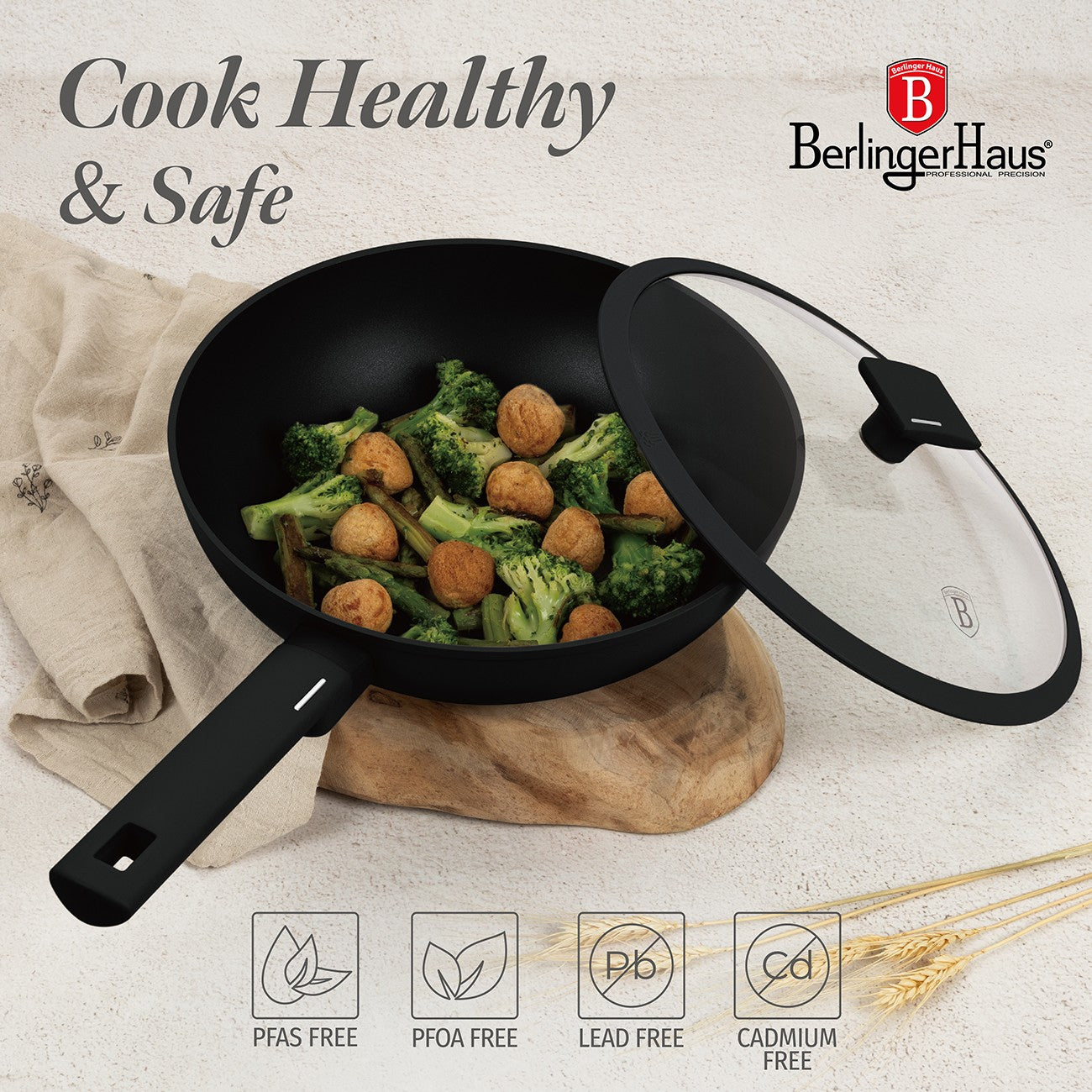 Berlinger Haus 28cm Titan Pro Non-Stick Wok with Lid - Matte Black