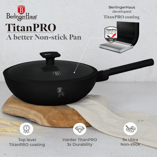 Berlinger Haus 28cm Titan Pro Non-Stick Wok with Lid - Matte Black