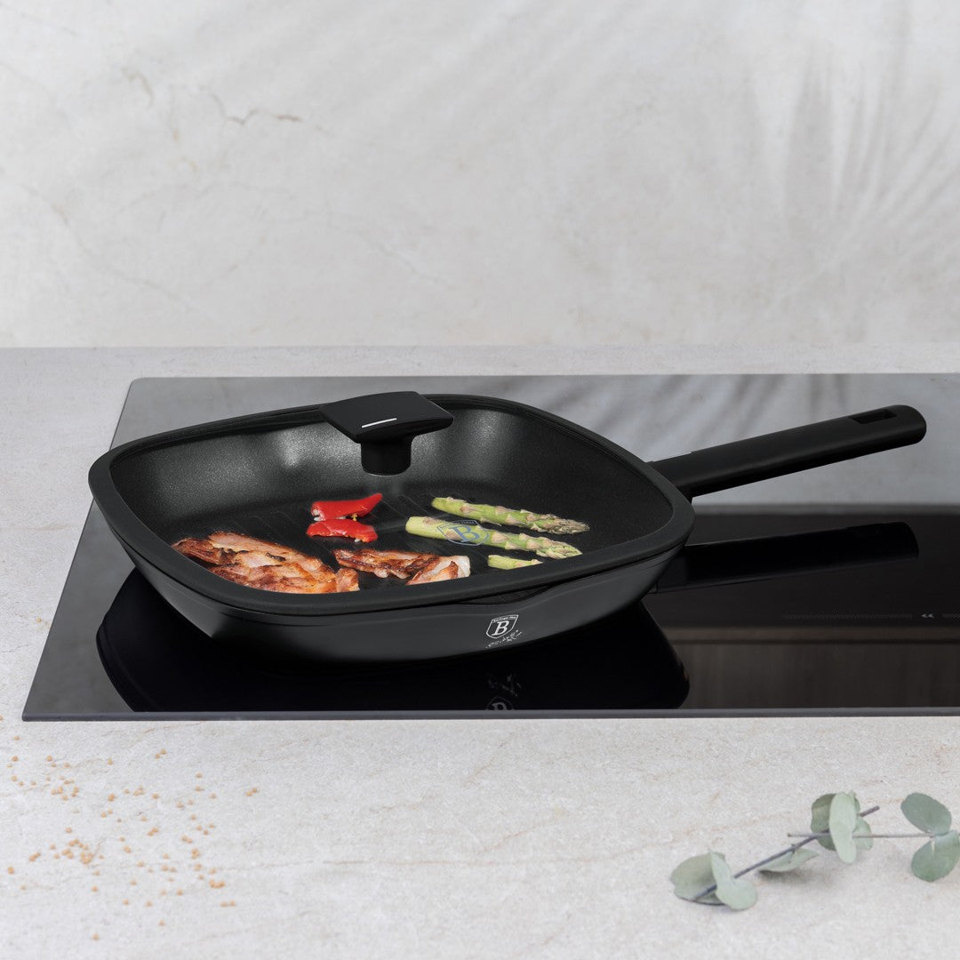 Berlinger Haus 28cm Titan Pro Non-Stick Grill Pan with Lid - Matte Black