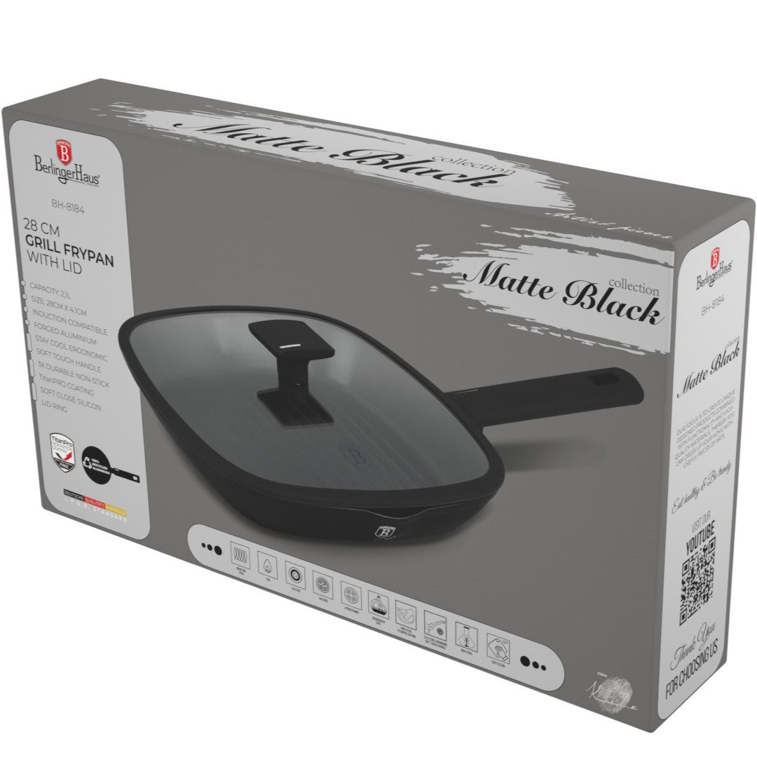 Berlinger Haus 28cm Titan Pro Non-Stick Grill Pan with Lid - Matte Black