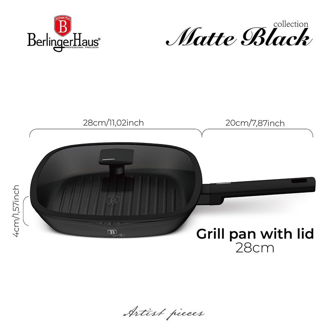 Berlinger Haus 28cm Titan Pro Non-Stick Grill Pan with Lid - Matte Black