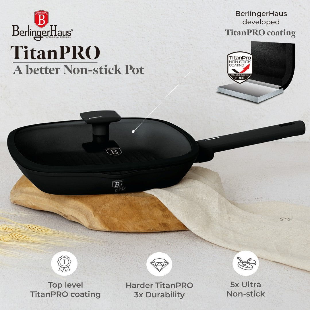 Berlinger Haus 28cm Titan Pro Non-Stick Grill Pan with Lid - Matte Black