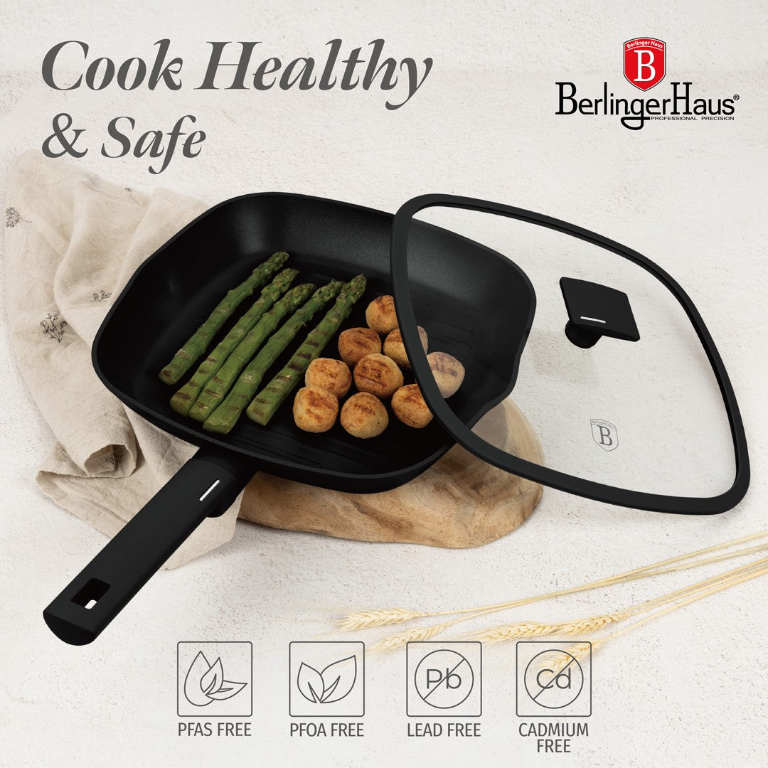 Berlinger Haus 28cm Titan Pro Non-Stick Grill Pan with Lid - Matte Black