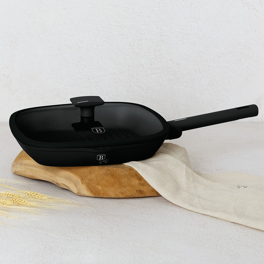 Berlinger Haus 28cm Titan Pro Non-Stick Grill Pan with Lid - Matte Black