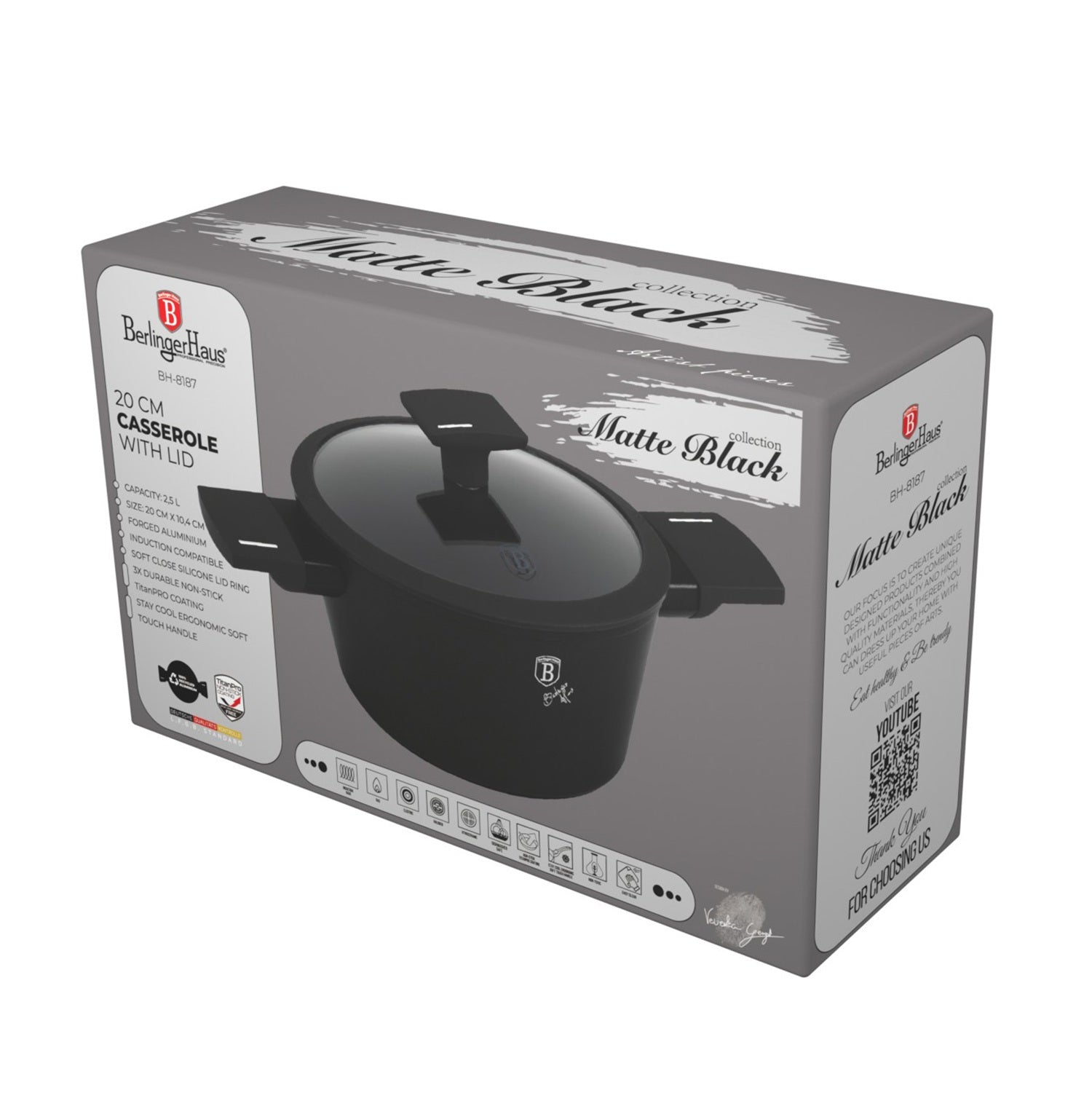 Berlinger Haus 20cm Titan Pro Non-Stick Casserole – Matte Black
