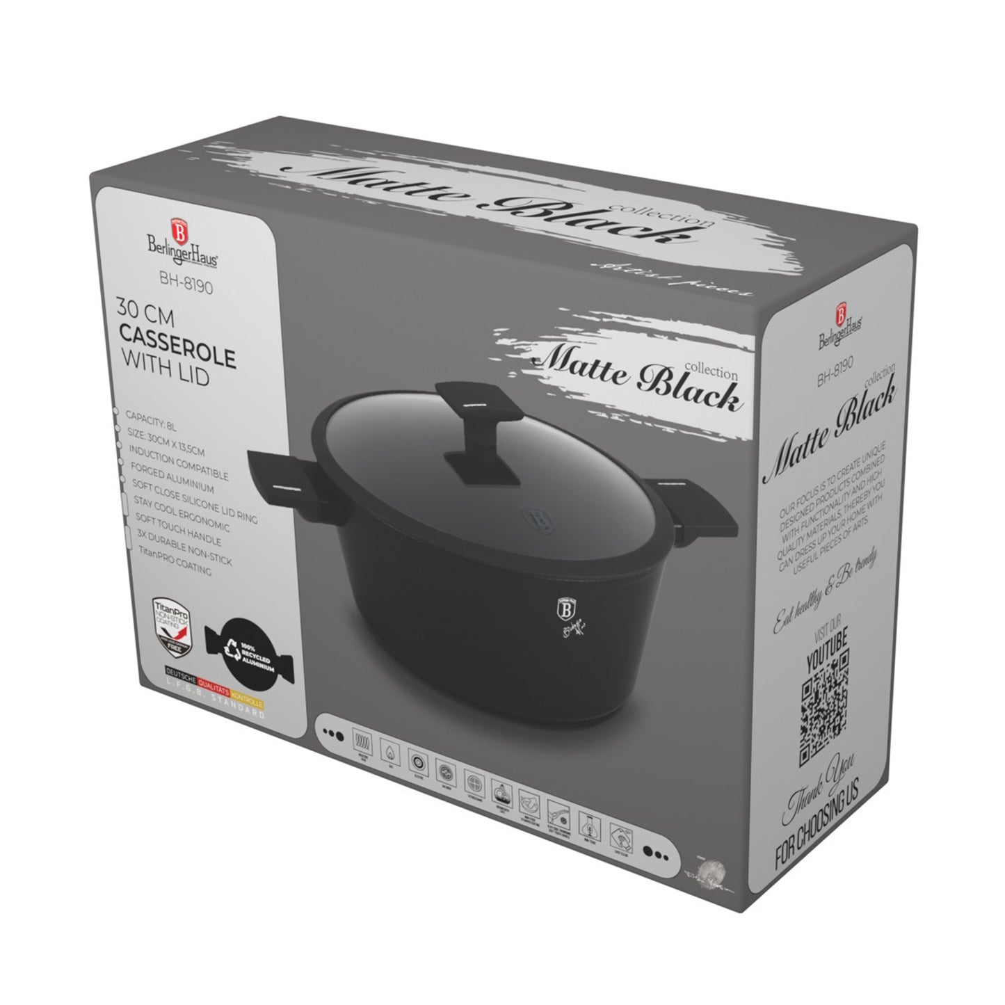 Berlinger Haus 30cm Titan Pro Non-Stick Coating Casserole – Matte Black