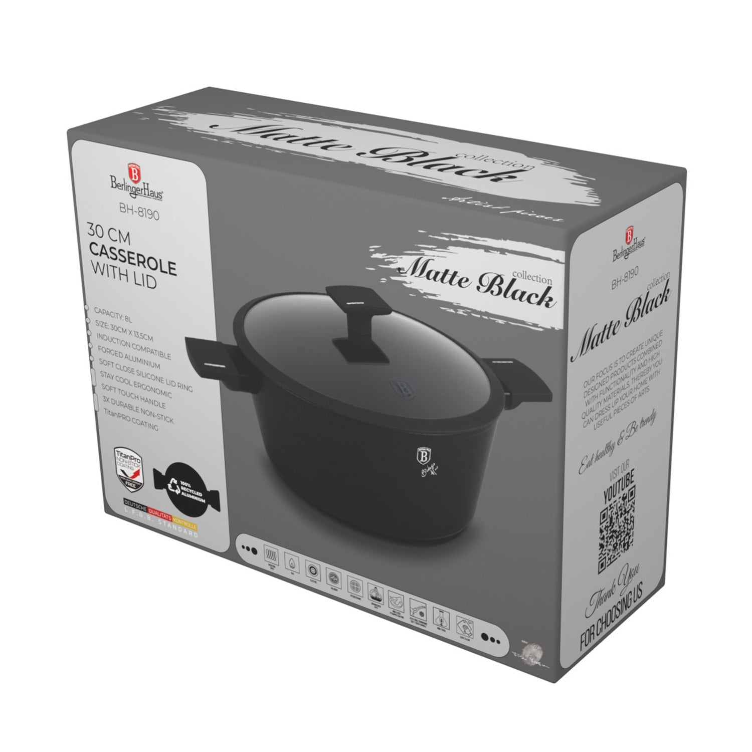 Berlinger Haus 30cm Titan Pro Non-Stick Coating Casserole – Matte Black