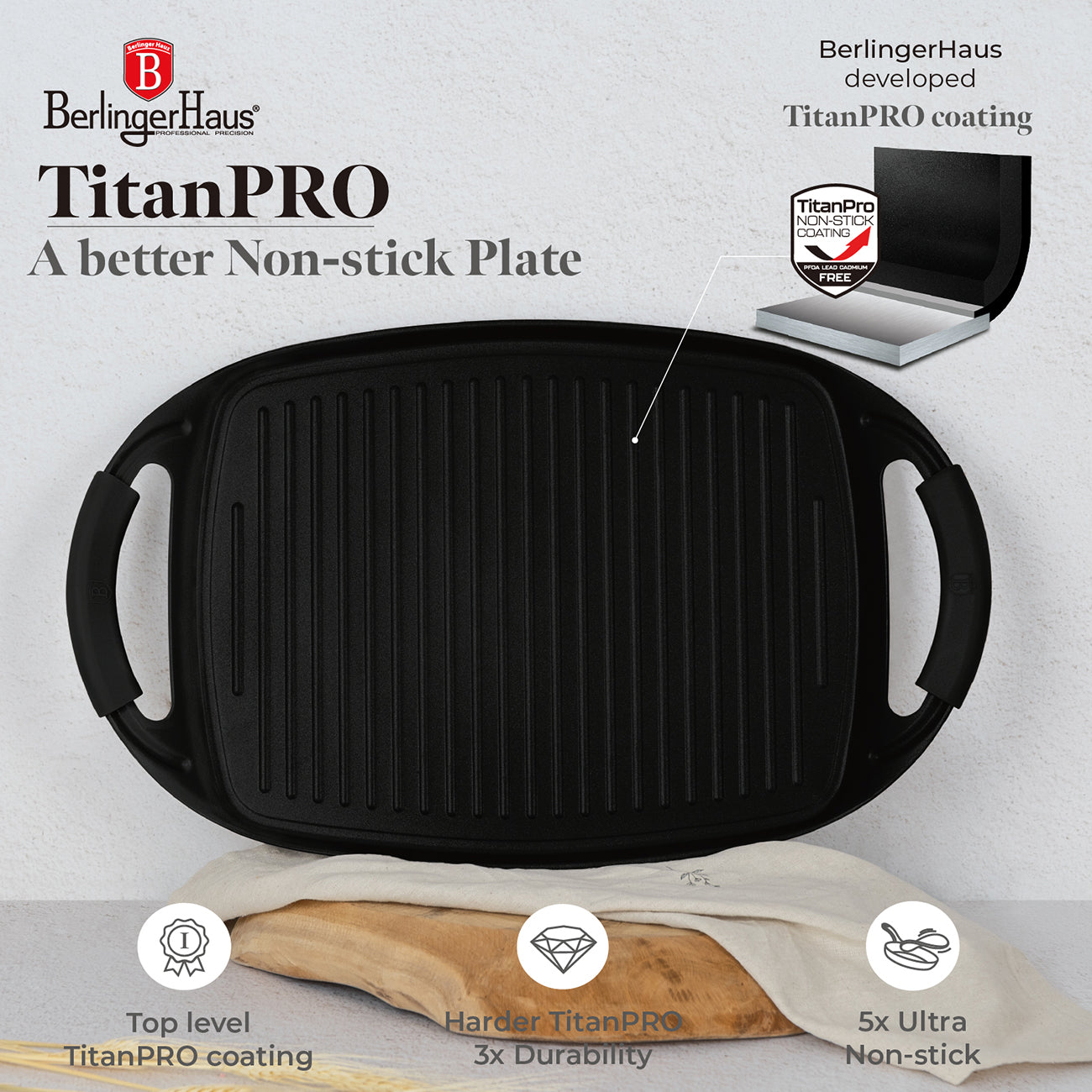 Berlinger Haus 47cm Titan Pro Non-Stick Coating Grill Plate - Matte Black