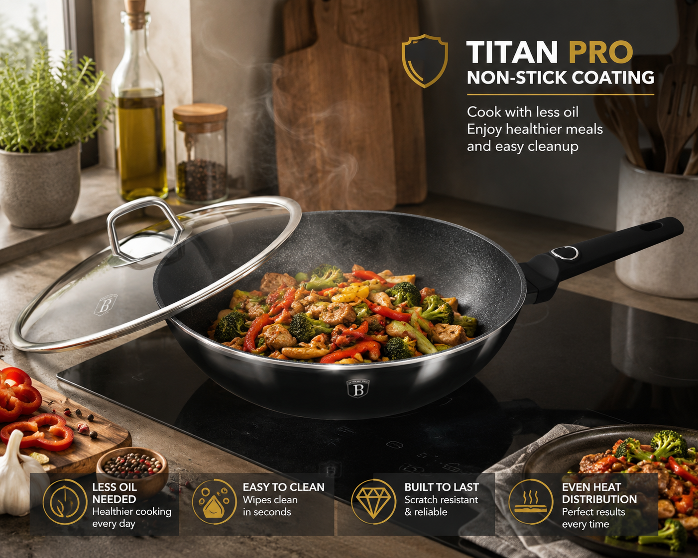 Berlinger Haus 28cm Titan Pro Non-Stick Wok with Lid - Black Vantage