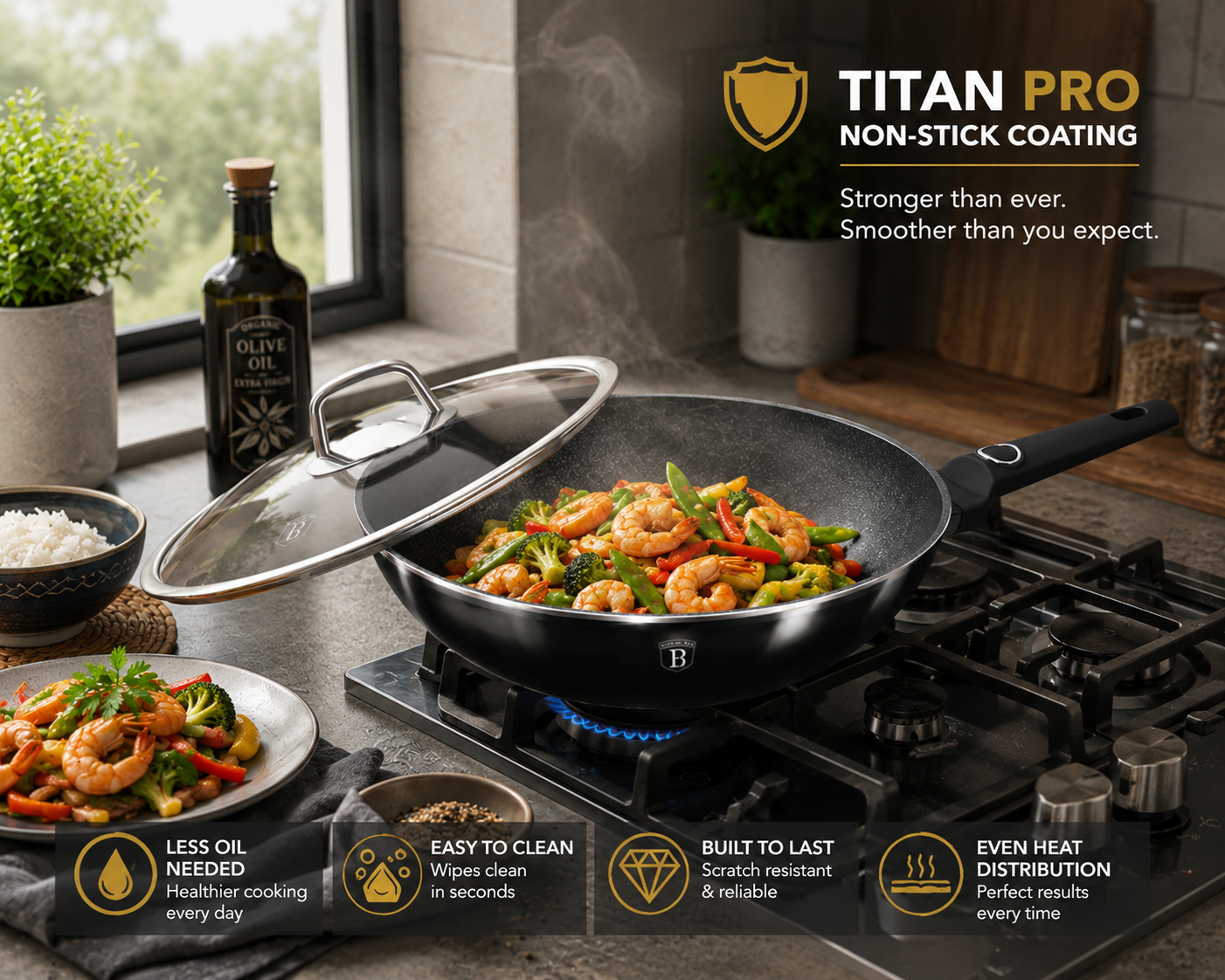 Berlinger Haus 28cm Titan Pro Non-Stick Wok with Lid - Black Vantage