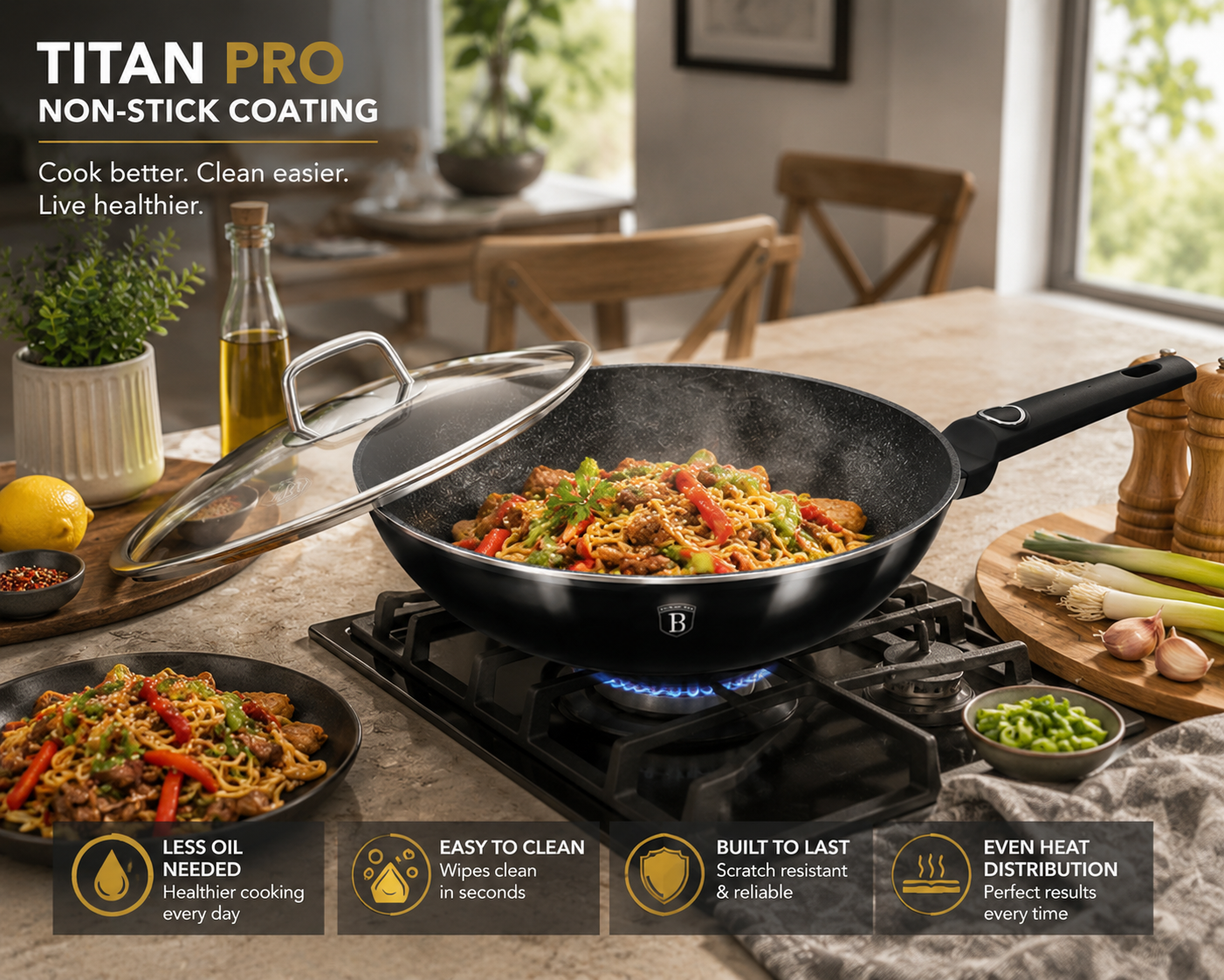 Berlinger Haus 28cm Titan Pro Non-Stick Wok with Lid - Black Vantage