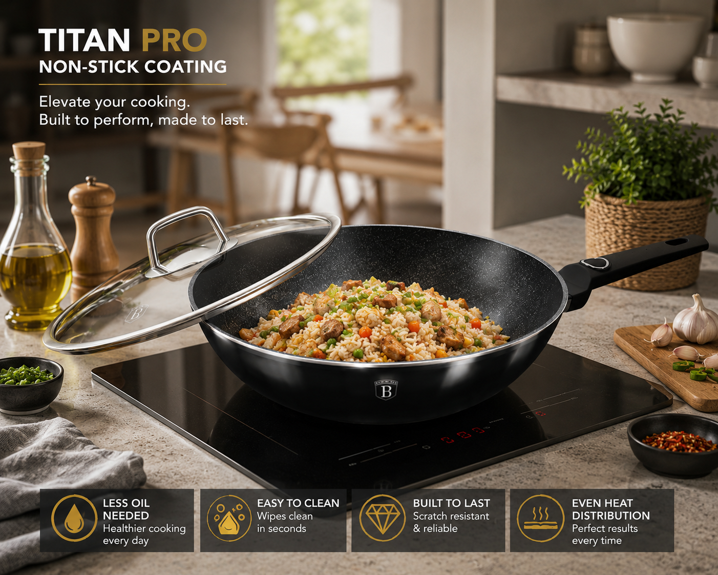 Berlinger Haus 28cm Titan Pro Non-Stick Wok with Lid - Black Vantage