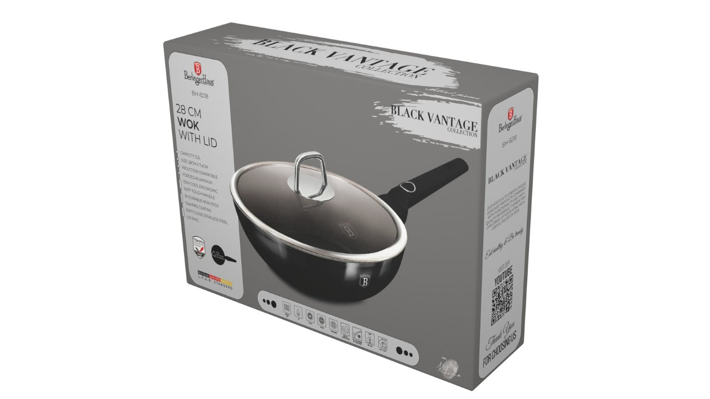 Berlinger Haus 28cm Titan Pro Non-Stick Wok with Lid - Black Vantage