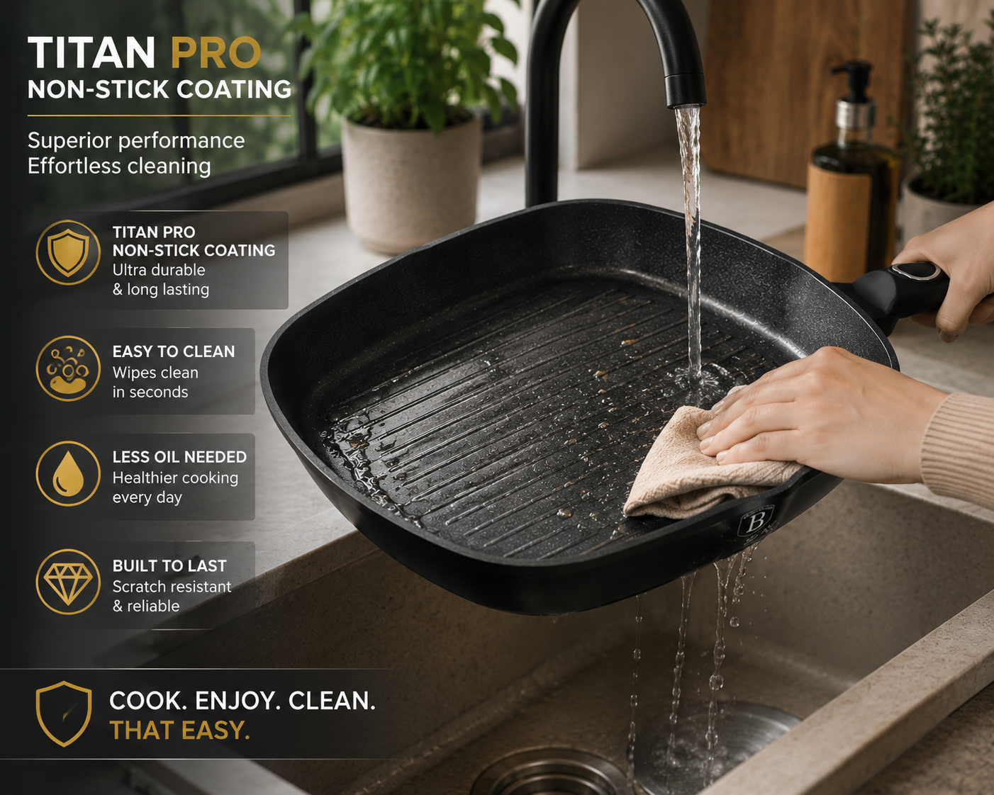 Berlinger Haus 28cm Titan Pro Non-Stick Grill Pan - Black Vantage