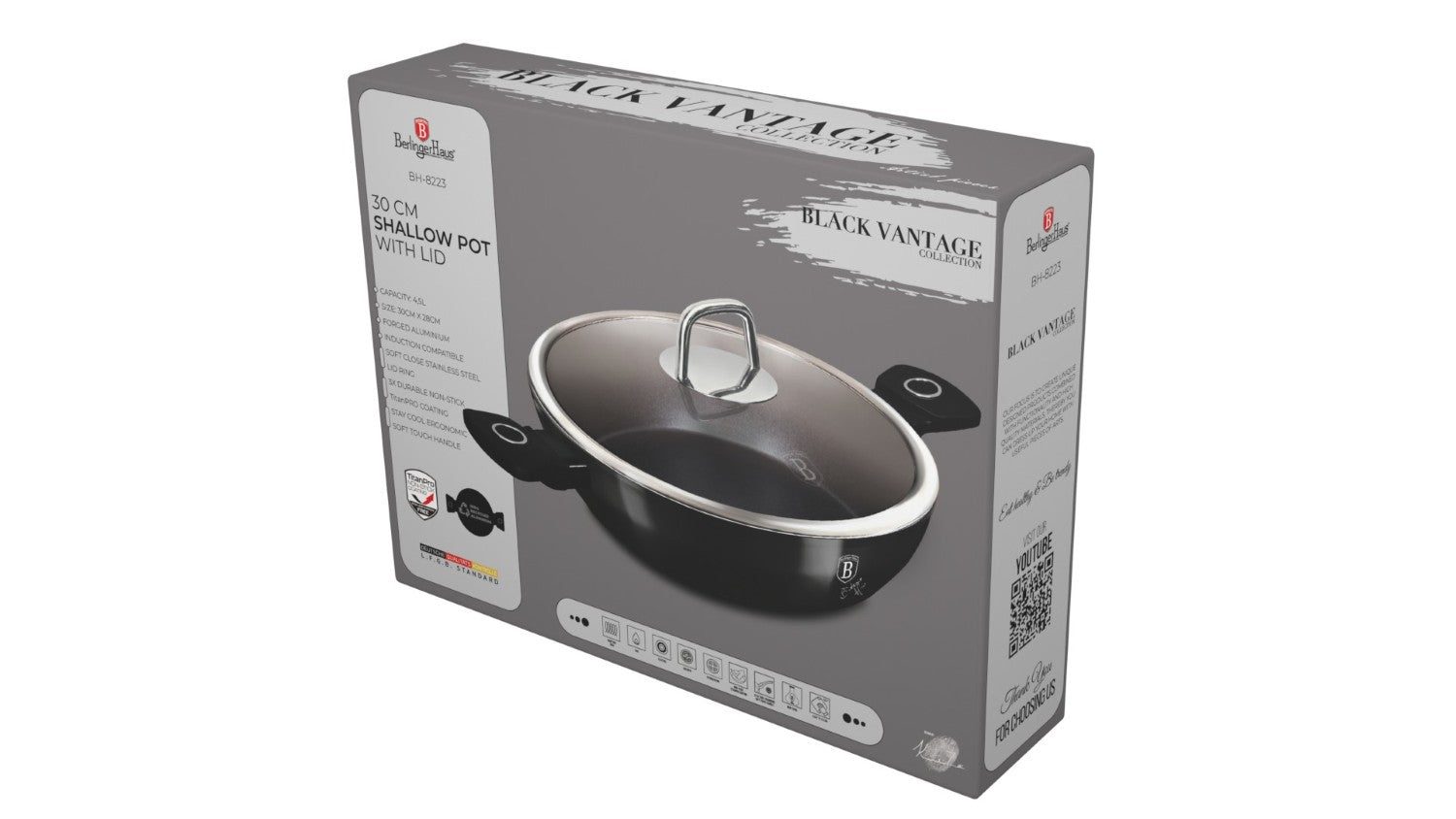 Berlinger Haus 30cm Titan Pro Non-Stick Shallow Pot with Lid - Black Vantage