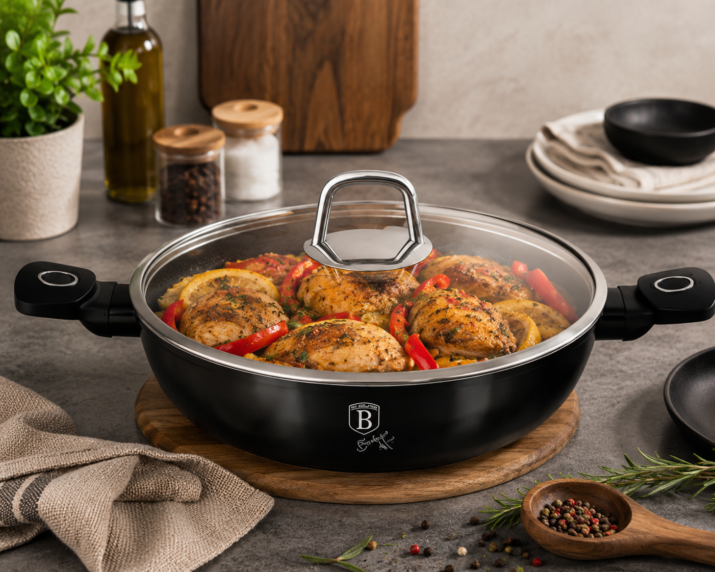 Berlinger Haus 30cm Titan Pro Non-Stick Shallow Pot with Lid - Black Vantage