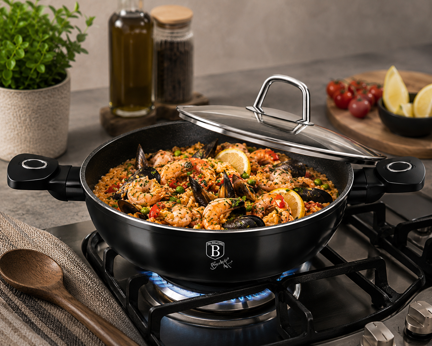 Berlinger Haus 30cm Titan Pro Non-Stick Shallow Pot with Lid - Black Vantage