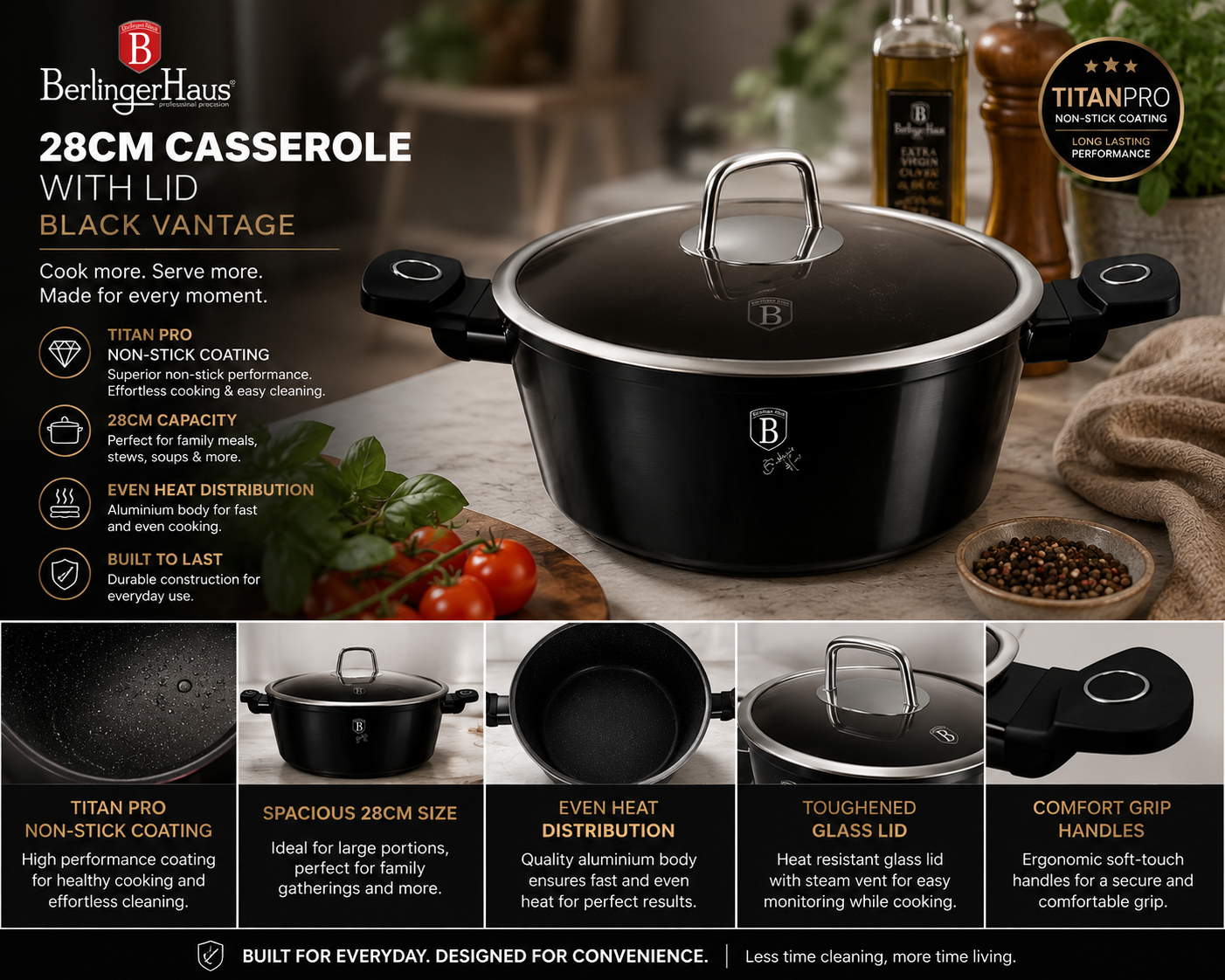 Berlinger Haus 28cm Titan Pro Non-Stick Casserole with Lid - Black Vantage