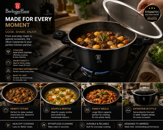 Berlinger Haus 28cm Titan Pro Non-Stick Casserole with Lid - Black Vantage
