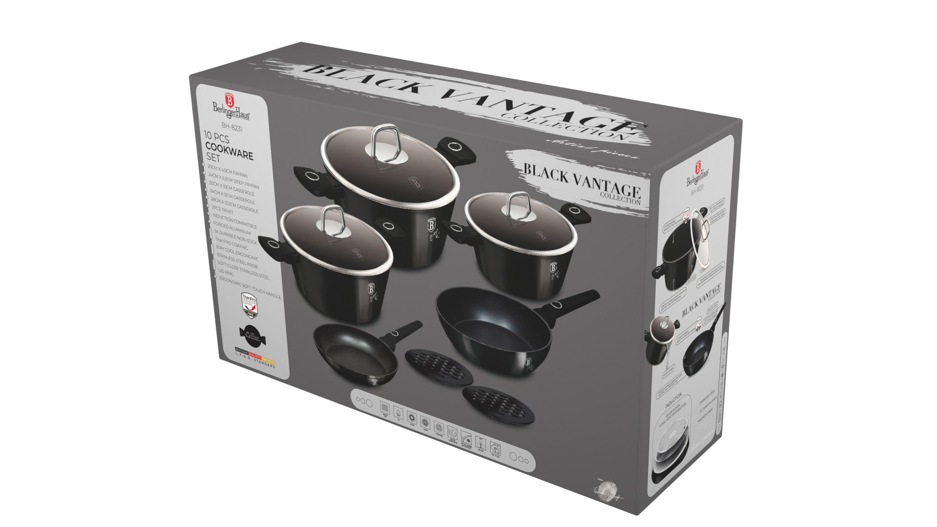 Berlinger Haus 10-Piece Non Stick Titan Pro Coating Cookware Set - Black Vintage