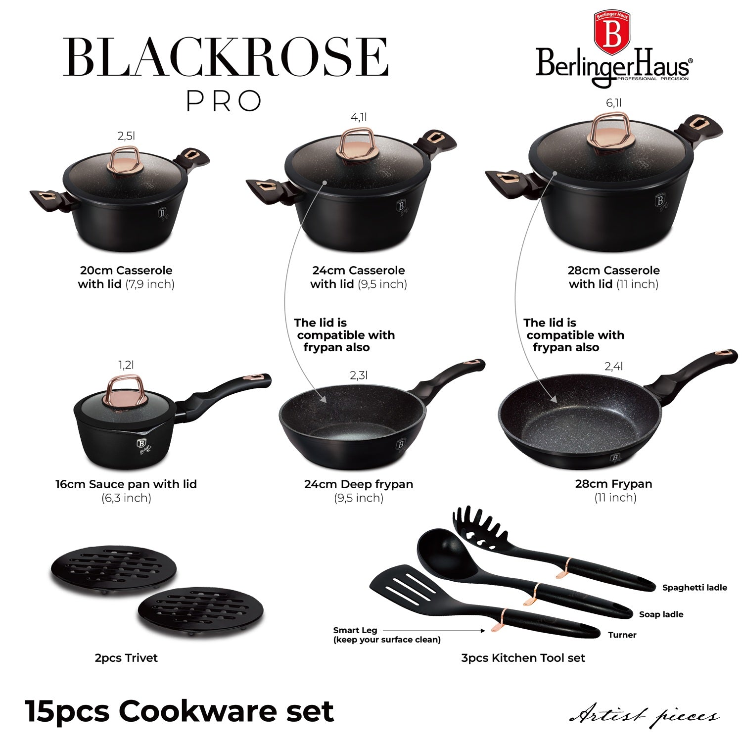 Berlinger Haus 15-Piece Ultra Non-Stick Coating Cookware Set - Black Rose
