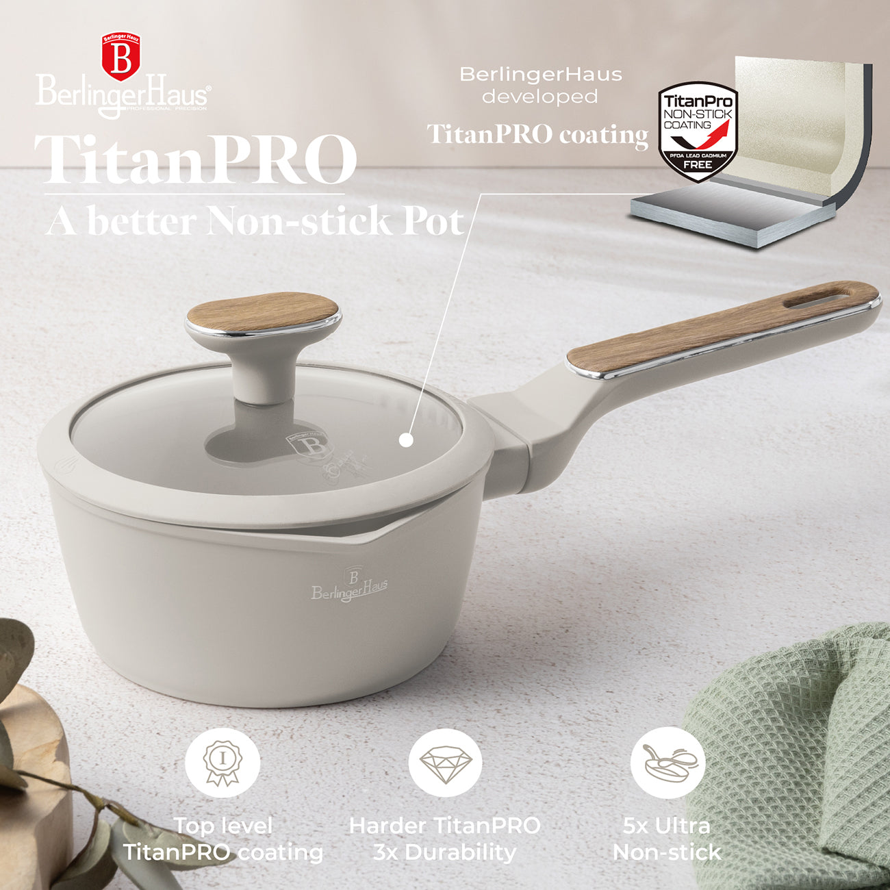 Berlinger Haus 16cm Titan Pro Non-Stick Coating Saucepan with Lid – Sahara Nordic