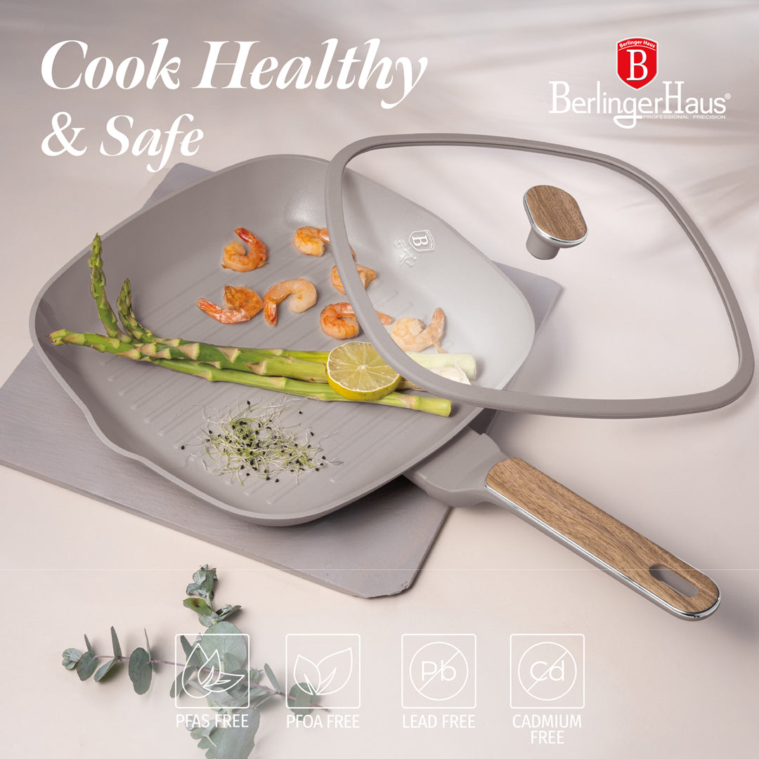 Berlinger Haus 28cm Titan Pro Non-Stick Coating Grill Pan with Lid – Taupe Nordic