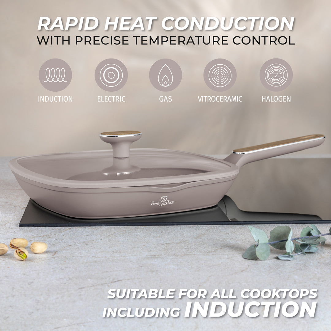 Berlinger Haus 28cm Titan Pro Non-Stick Coating Grill Pan with Lid – Taupe Nordic