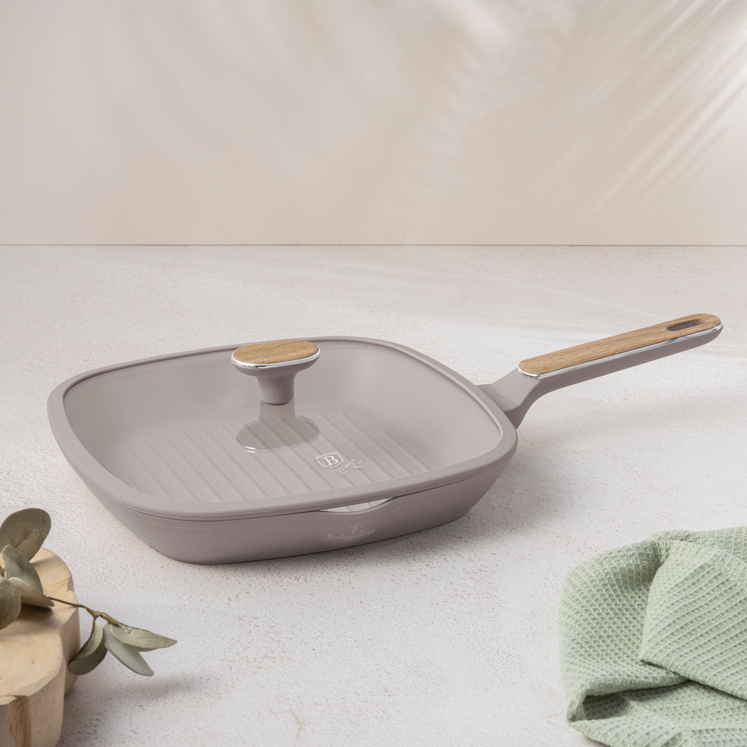Berlinger Haus 28cm Titan Pro Non-Stick Coating Grill Pan with Lid – Taupe Nordic