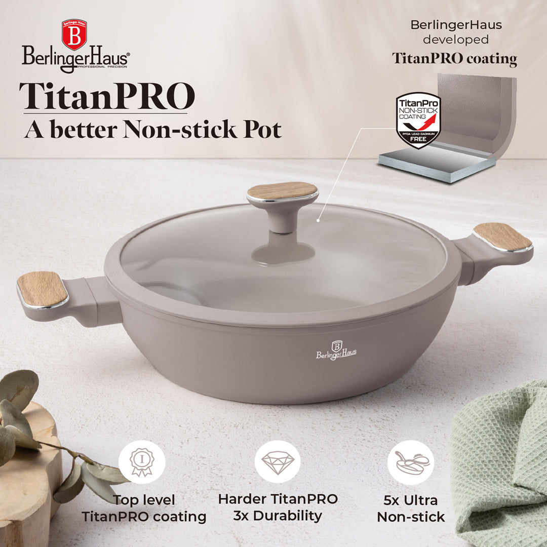 Berlinger Haus 28cm Titan Pro Non-Stick Coating Shallow Pot – Taupe Nordic
