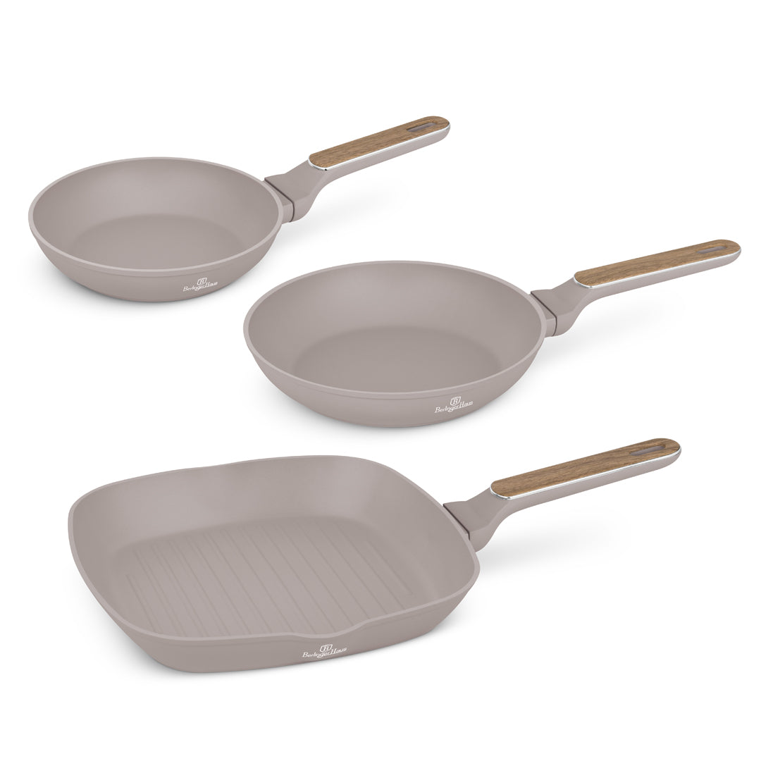 Berlinger Haus 3-Piece Titan Pro Non-Stick Coating Frypan & Grill Pan Set – Taupe Nordic