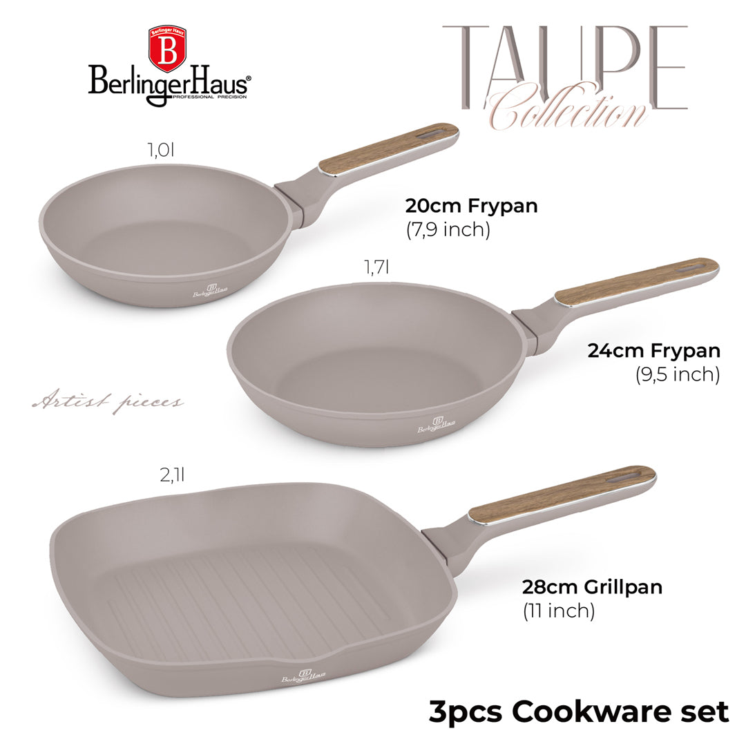 Berlinger Haus 3-Piece Titan Pro Non-Stick Coating Frypan & Grill Pan Set – Taupe Nordic