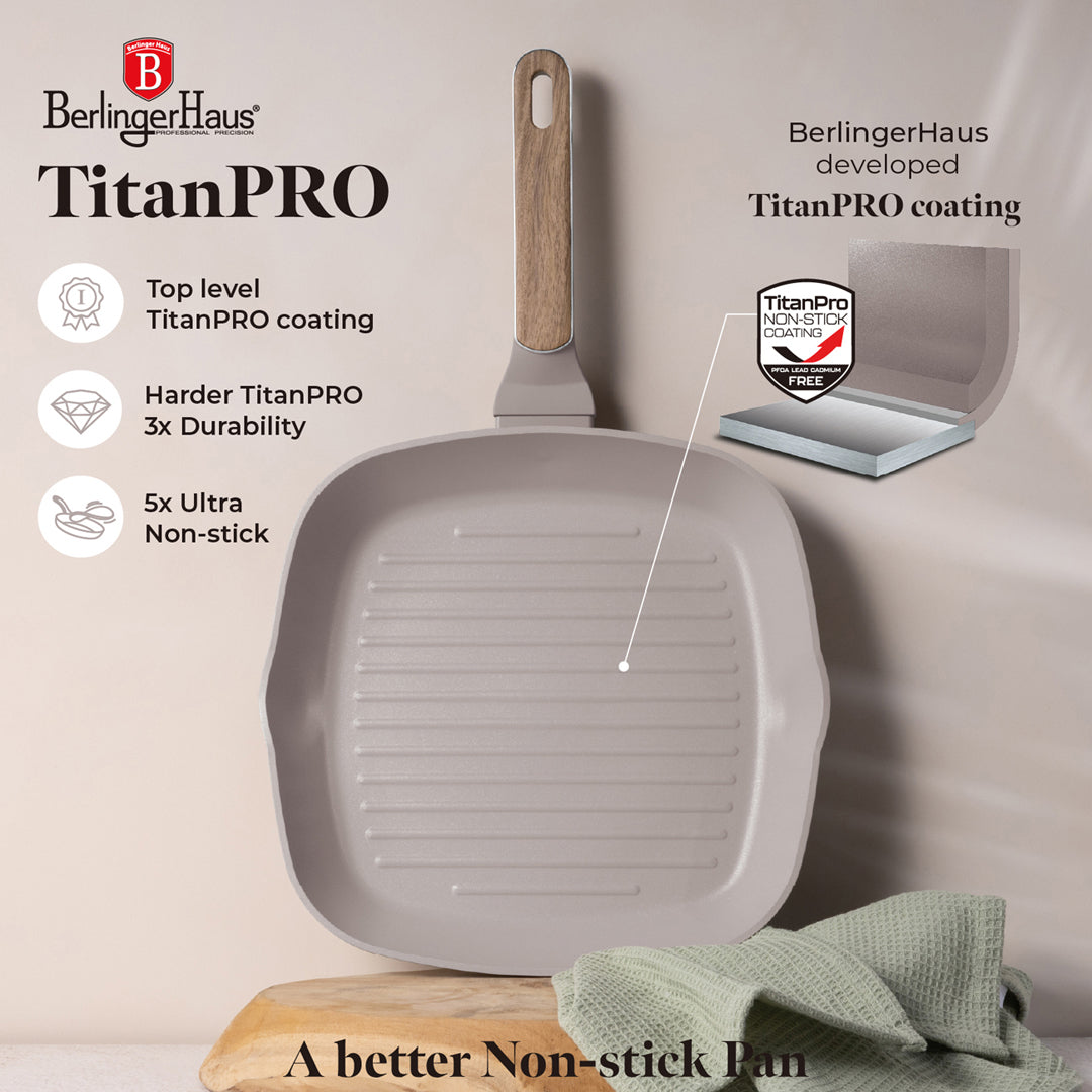 Berlinger Haus 3-Piece Titan Pro Non-Stick Coating Frypan & Grill Pan Set – Taupe Nordic