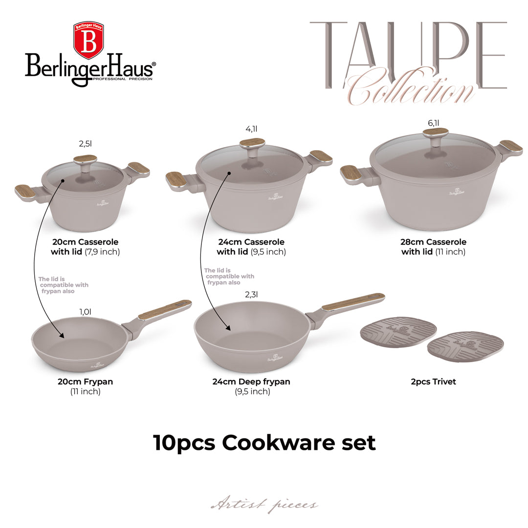 Berlinger Haus 10-Piece Titan Pro Non-Stick Coating Cookware Set – Taupe Nordic